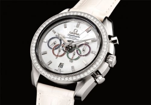 Omega Follow;Ref. 321.58.44.52.55.001;A fine and attractive limited edition white gold, mother-of-pearl and gem-set chronograph wristwatch with date