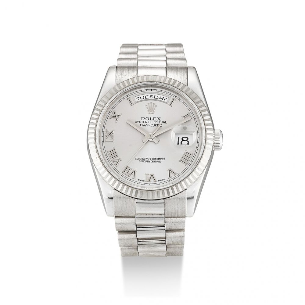 ROLEX | DAY-DATE, REFERENCE 118239, A WHITE GOLD WRISTWATCH WITH DAY, DATE AND BRACELET, CIRCA 2006