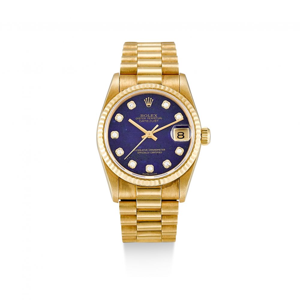 ROLEX | DATEJUST, REFERENCE 68278, A YELLOW GOLD AND DIAMOND-SET WRISTWATCH WITH LAPIS LAZULI HARDSTONE DIAL AND BRACELET, CIRCA 1995