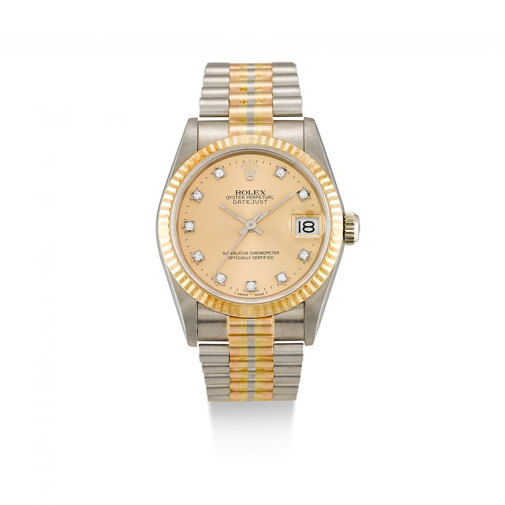 ROLEX | TRIDOR DATEJUST, REFERENCE 68279B, A THREE COLOR GOLD AND DIAMOND-SET WRISTWATCH WITH DATE AND BRACELET, CIRCA 1986