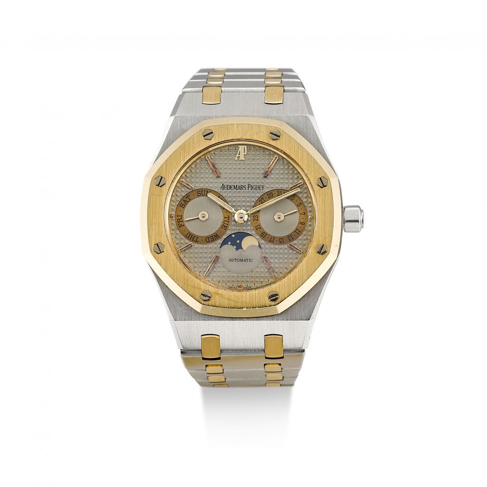 AUDEMARS PIGUET | ROYAL OAK, REFERENCE 25594SA.O.0789SA.01, A STAINLESS STEEL AND YELLOW GOLD BRACELET WATCH WITH DAY, DATE AND MOON PHASES, CIRCA 1980