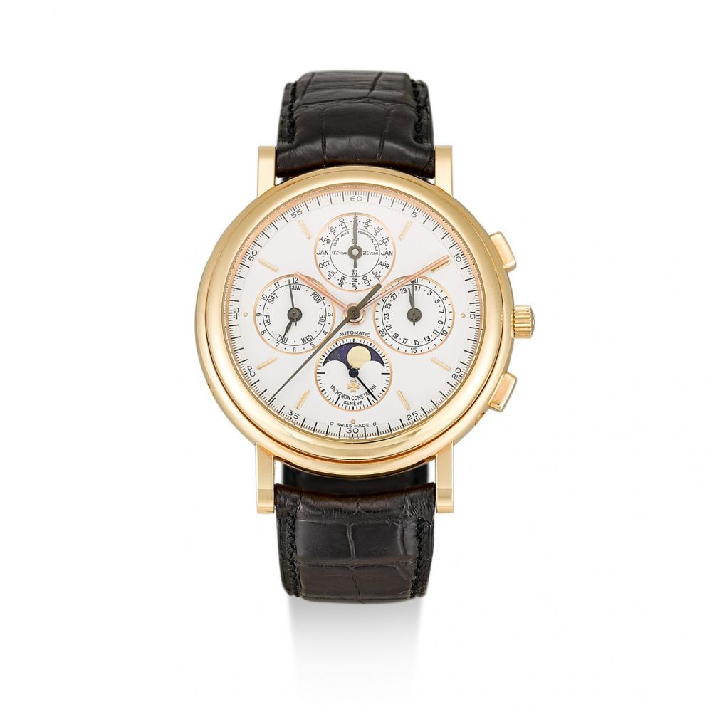 VACHERON CONSTANTIN | PATRIMONY, REFERENCE 49005, A PINK GOLD PERPETUAL CALENDAR CHRONOGRAPH WRISTWATCH WITH MOON PHASES AND LEAP YEAR INDICATION, CIRCA 2000