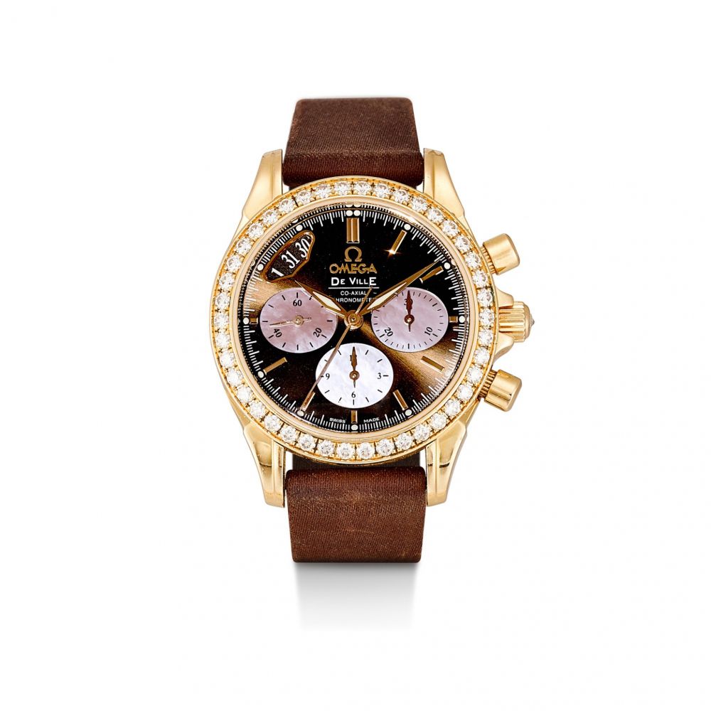 OMEGA | DE VILLE CO-AXIAL CHRONOMETER, A YELLOW GOLD AND DIAMOND-SET CHRONOGRAPH WRISTWATCH WITH DATE AND MOTHER-OF-PEARL DIAL, CIRCA 2008