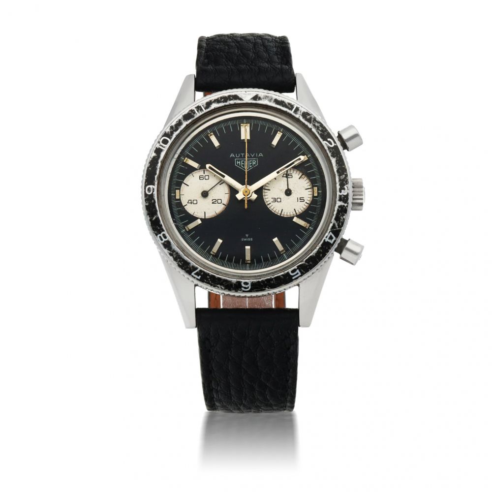 HEUER | 'MARIO ANDRETTI' AUTAVIA, REF 3646 STAINLESS STEEL CHRONOGRAPH WRISTWATCH MADE FOR THE ARGENTINIAN AIR FORCE CIRCA 1965