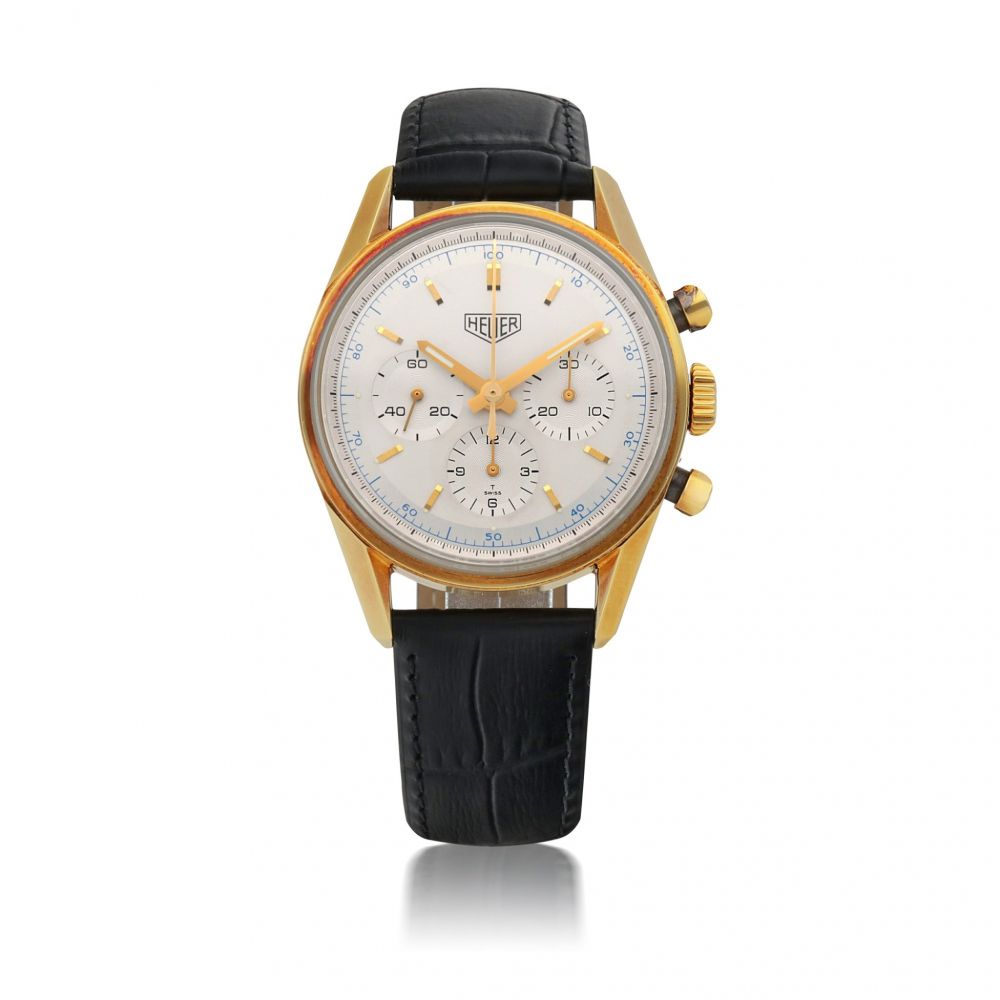 HEUER | 'KHANJAR' CARRERA 1964 RE-EDITION, REF CS3140 YELLOW GOLD CHRONOGRAPH WRISTWATCH MADE FOR THE SULTANATE OF OMAN CIRCA 2000