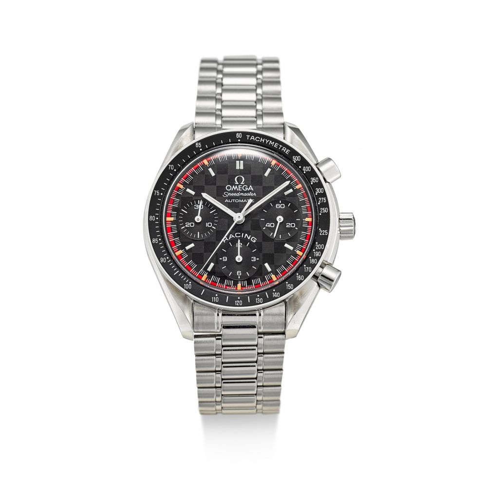 OMEGA | RACING SCHUMACHER WORLD CHAMPION 2000, REFERENCE 35185000 A LIMITED EDITION STAINLESS STEEL CHRONOGRAPH WRISTWATCH WITH BRACELET, CIRCA 2000