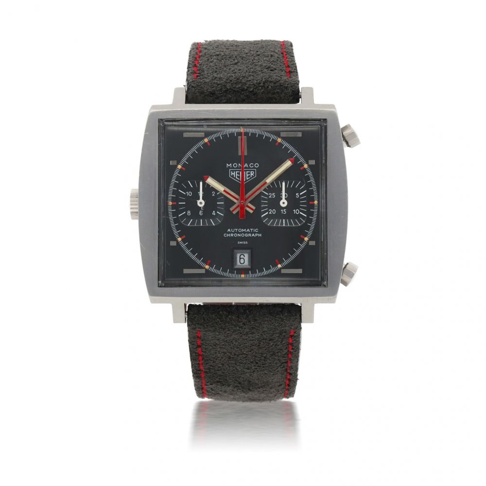 HEUER | MONACO, REF 1133G STAINLESS STEEL CHRONOGRAPH WRISTWATCH WITH DATE CIRCA 1972