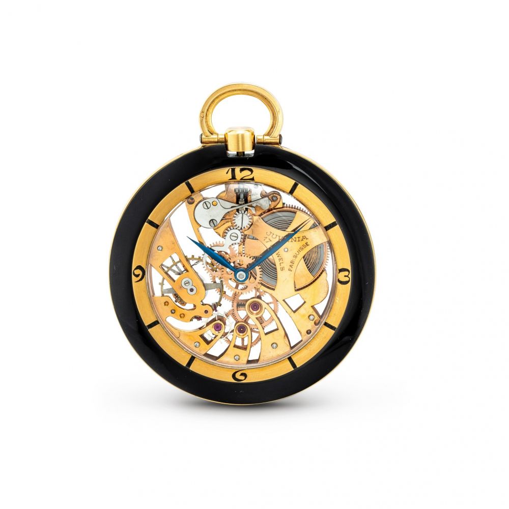 JUVENIA | A YELLOW GOLD AND ONYX-SET SKELETONISED KEYLESS OPENFACE WATCH, CIRCA 1980