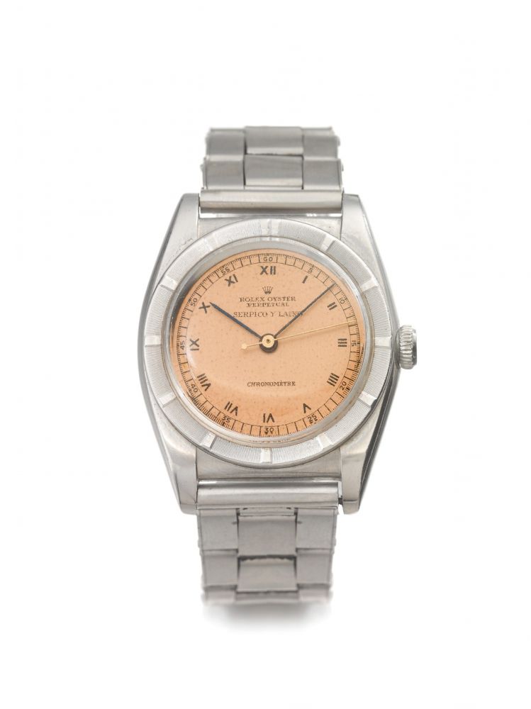 ROLEX | REF 3372 BUBBLEBACK, RETAILED BY SERPICO Y LAINO: A STAINLESS STEEL CENTER SECONDS AUTOMATIC WRISTWATCH WITH BRACELET CIRCA 1945