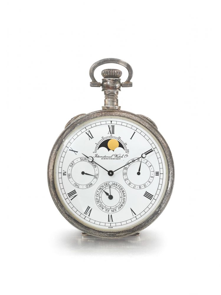 IWC | REF 5503, A SILVER OPEN FACED TRIPLE CALENDAR WATCH WITH MOON PHASES CIRCA 1995