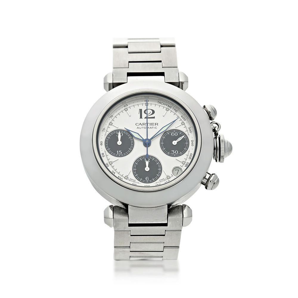 CARTIER | REFERENCE 2412 PASHA A STAINLESS STEEL AUTOMATIC CHRONOGRAPH WRISTWATCH WITH BRACELET, CIRCA 2005