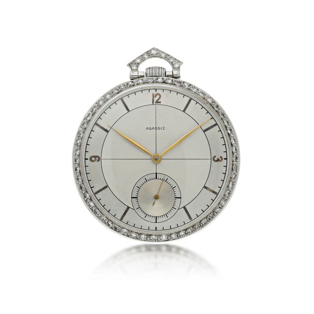 AGASSIZ | A PLATINUM AND DIAMOND-SET OPEN FACED WATCH, CIRCA 1930