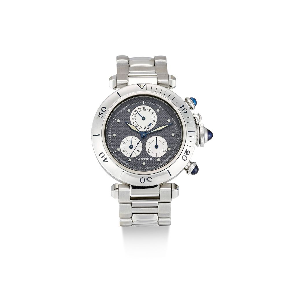 CARTIER | PASHA, REFERENCE 1352, A STAINLESS STEEL CHRONOGRAPH WRISTWATCH WITH DATE AND BRACELET, CIRCA 2000