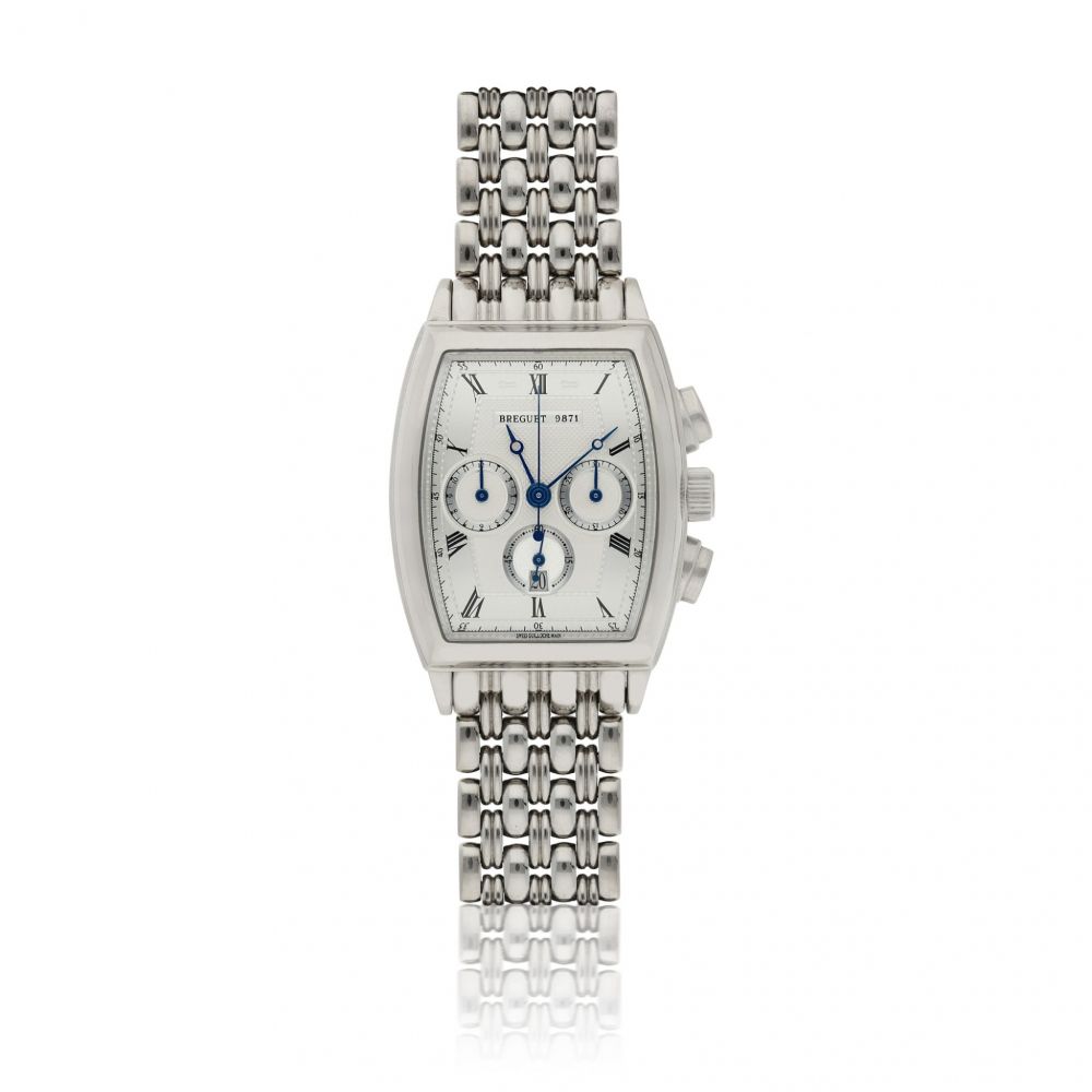 BREGUET | REF 5460, A WHITE GOLD TONNEAU FORM AUTOMATIC CHRONOGRAPH WRISTWATCH WITH DATE REGISTERS AND BRACELET CIRCA 2010