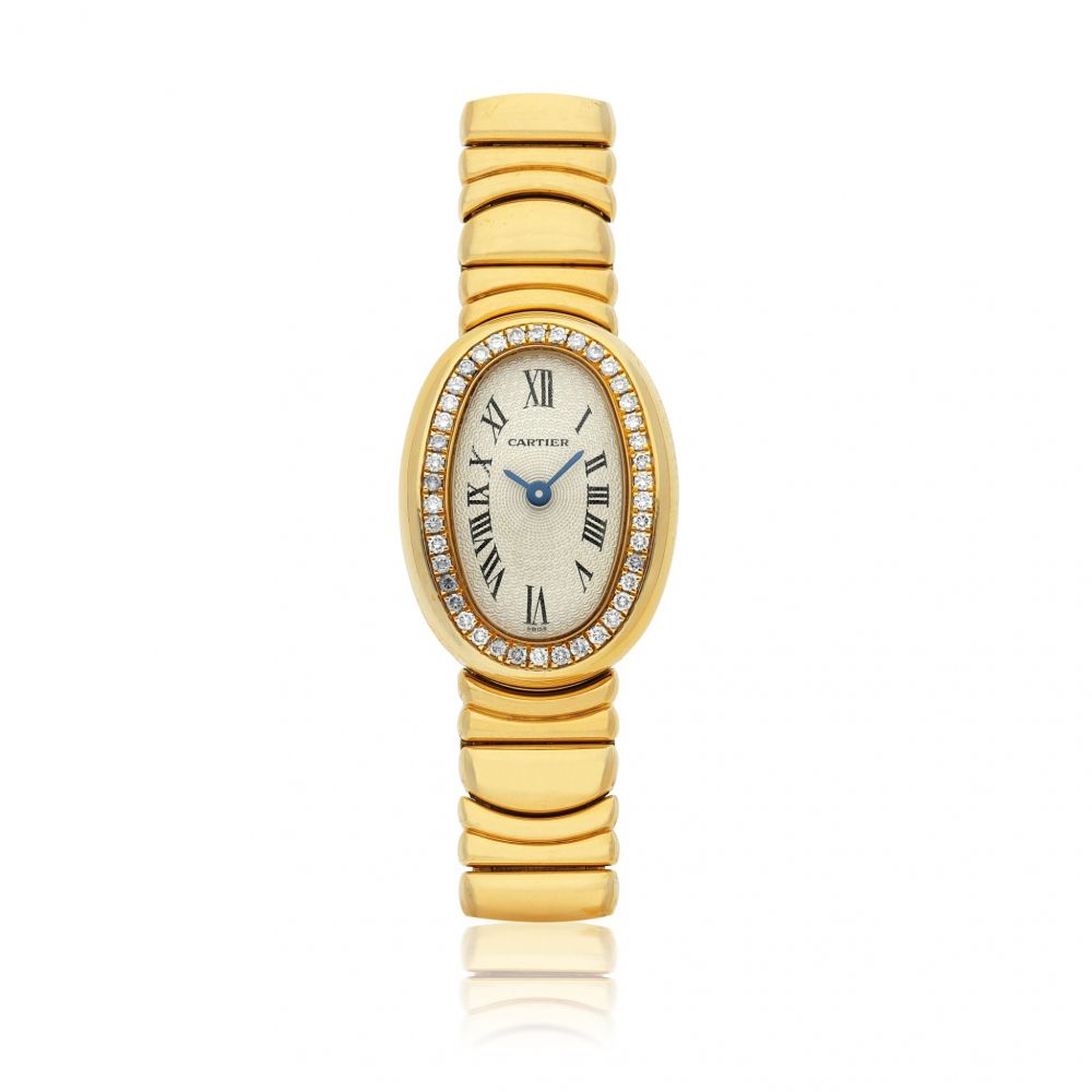 CARTIER | REF 1960 BAIGNOIRE, A LADY'S YELLOW GOLD AND DIAMOND SET OVAL BRACELET WATCH CIRCA 2000