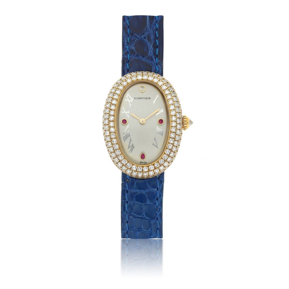 CARTIER | REF 1950 1 BAIGNOIRE, A LADY'S YELLOW GOLD, DIAMOND AND RUBY SET OVAL WRISTWATCH CIRCA 2005