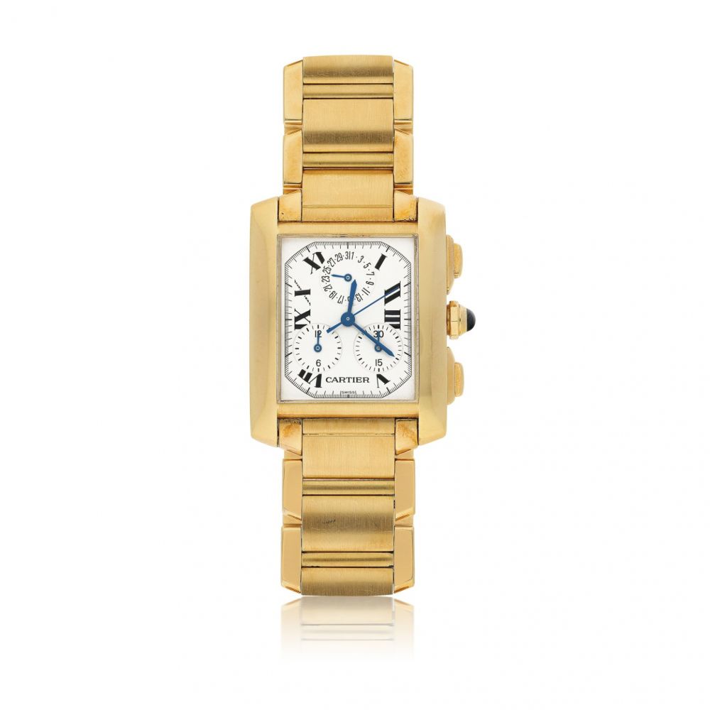 CARTIER | REF 1830 TANK FRANÇAISE CHRONOGRAPHE, A YELLOW GOLD RECTANGULAR CHRONOGRAPH WRISTWATCH WITH DATE AND BRACELET CIRCA 2000