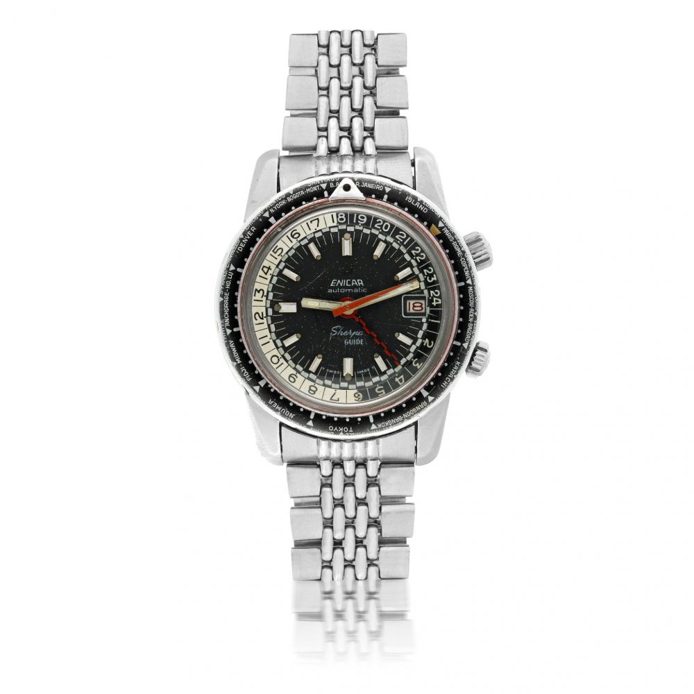 ENICAR | REF 146/001 SHERPA 600 SEAPEARL, A STAINLESS STEEL AUTOMATIC COMPRESSOR DIVER GMT WORLD TIME WRISTWATCH WITH DATE AND BRACELET CIRCA 1970