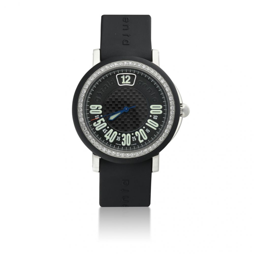 GÉRALD GENTA | REF G 3694 RETRO SPORT, A STAINLESS STEEL, RUBBER AND DIAMOND SET JUMP HOUR WRISTWATCH WITH RETROGRADE MINUTES CIRCA 2000
