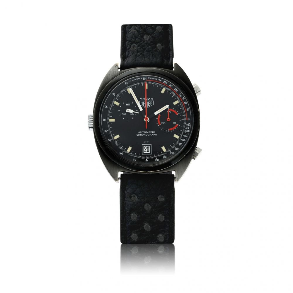 HEUER | REF 150.501 MONZA, A PVD COATED STAINLESS STEEL AUTOMATIC CHRONOGRAPH WRISTWATCH WITH DATE CIRCA 1975