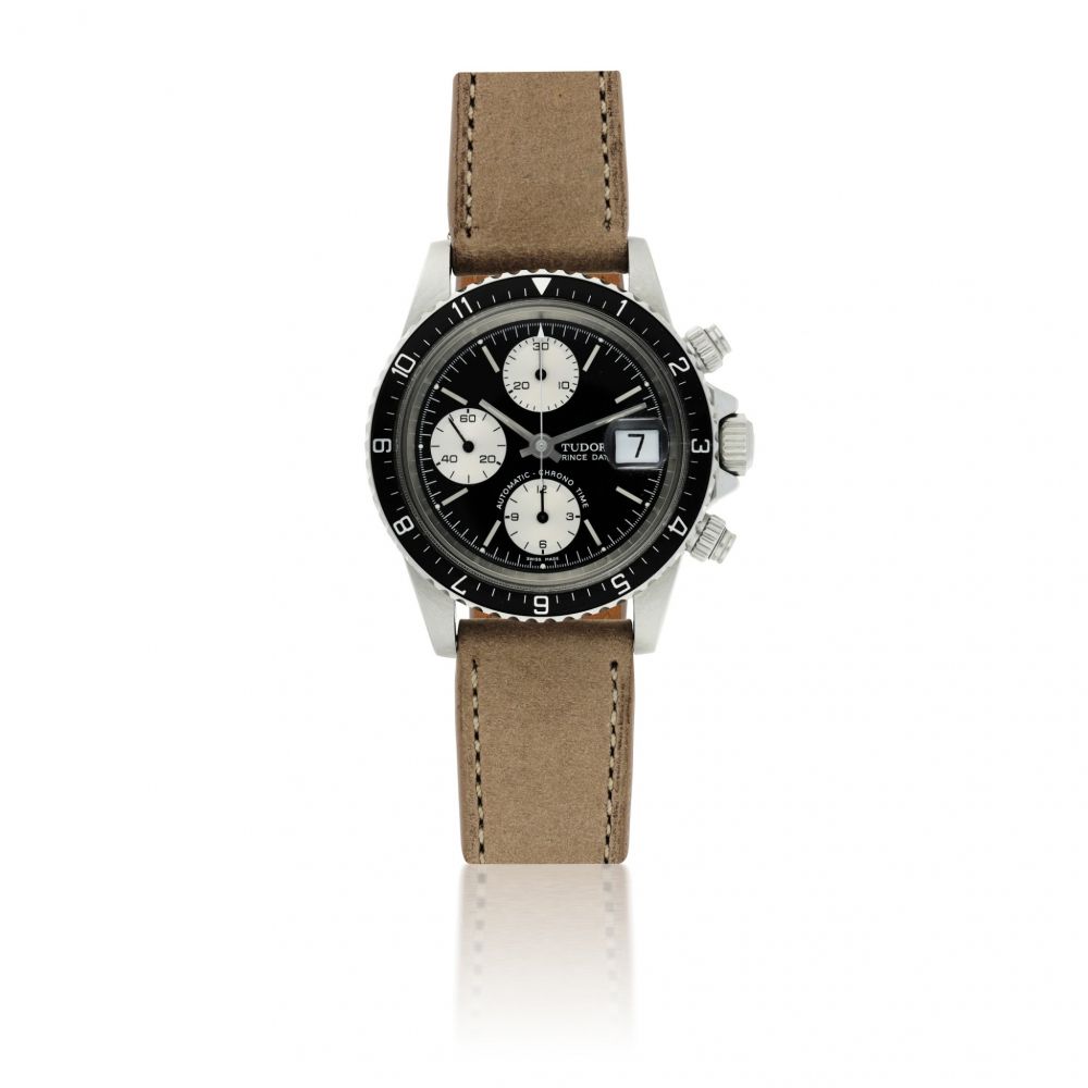 TUDOR | REF 94210 PRINCE DATE ' BIG BLOCK', A STAINLESS STEEL AUTOMATIC CHRONOGRAPH WRISTWATCH WITH DATE AND REGISTERS CIRCA 1985
