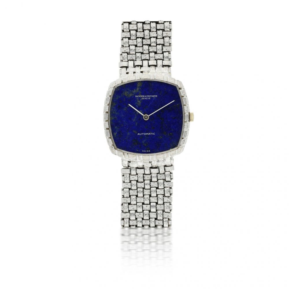 VACHERON CONSTANTIN | REF 7391, A WHITE GOLD AUTOMATIC CUSHION-SHAPED BRACELET WATCH WITH LAPIS LAZULI DIAL CIRCA 1975