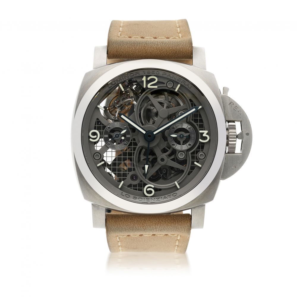 PANERAI | REFERENCE PAM00578 LO SCIENZIATO - LUMINOR 1950 TOURBILLON GMT TITANIO AN IMPRESSIVE TITANIUM SKELETONIZED DUAL TIME ZONE WRISTWATCH WITH TOURBILLON, 24-HOUR AND POWER RESERVE INDICATION CIRCA 2016