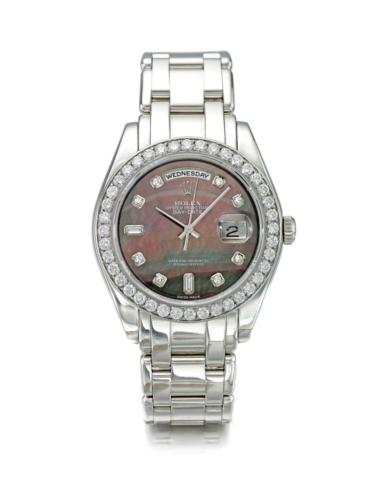 ROLEX | REFERENCE 18946 DAY-DATE MASTERPIECE A PLATINUM AND DIAMOND-SET AUTOMATIC WRISTWATCH WITH DAY, DATE AND MOTHER OF PEARL DIAL, CIRCA 2000