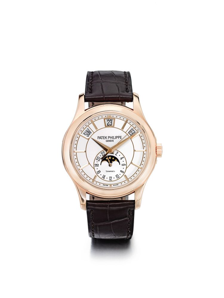 PATEK PHILIPPE | REFERENCE 5205 RETAILED BY TIFFANY CO.: A PINK GOLD AUTOMATIC ANNUAL CALENDAR WRISTWATCH WITH 24-HOUR INDICATION AND MOON-PHASES, CIRCA 2017