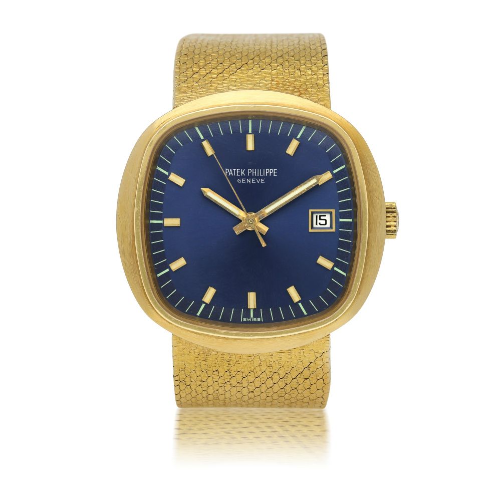 PATEK PHILIPPE | REFERENCE 3587 'BETA 21' A RARE YELLOW GOLD CUSHION FORM BRACELET WATCH, MADE IN 1971