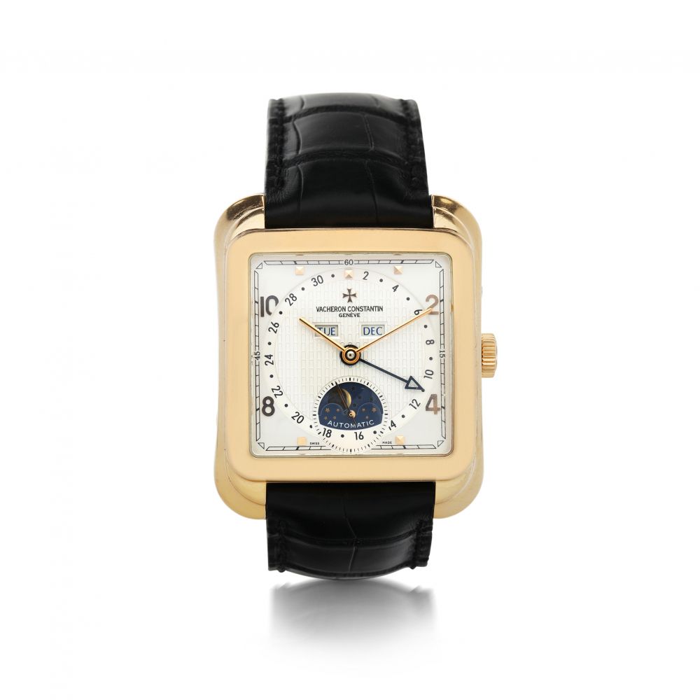 VACHERON CONSTANTIN | REFERENCE 47300 A LIMITED EDITION PINK GOLD SQUARE-SHAPED TRIPLE CALENDAR WRISTWATCH WITH MOON PHASES, MADE TO COMMEMORATE THE 60TH ANNIVERSARY OF ISRAEL, CIRCA 2008