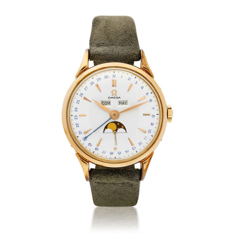 OMEGA | REFERENCE 2486-2 A PINK GOLD TRIPLE CALENDAR WRISTWATCH WITH MOON PHASES, CIRCA 1950