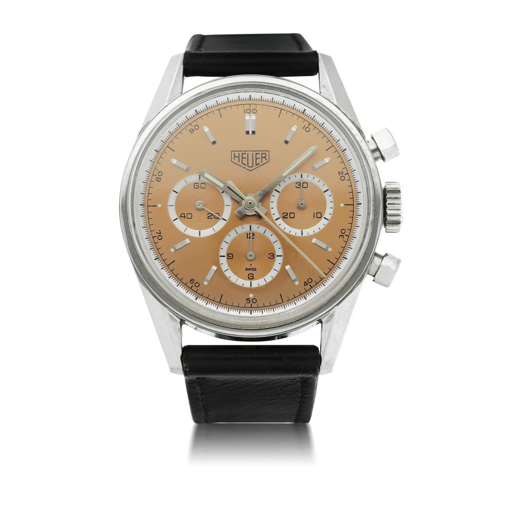 HEUER | REFERENCE CS3112 CARRERA 1964 LEMANIA SALMON A STAINLESS STEEL CHRONOGRAPH WRISTWATCH WITH REGISTERS, CIRCA 1996