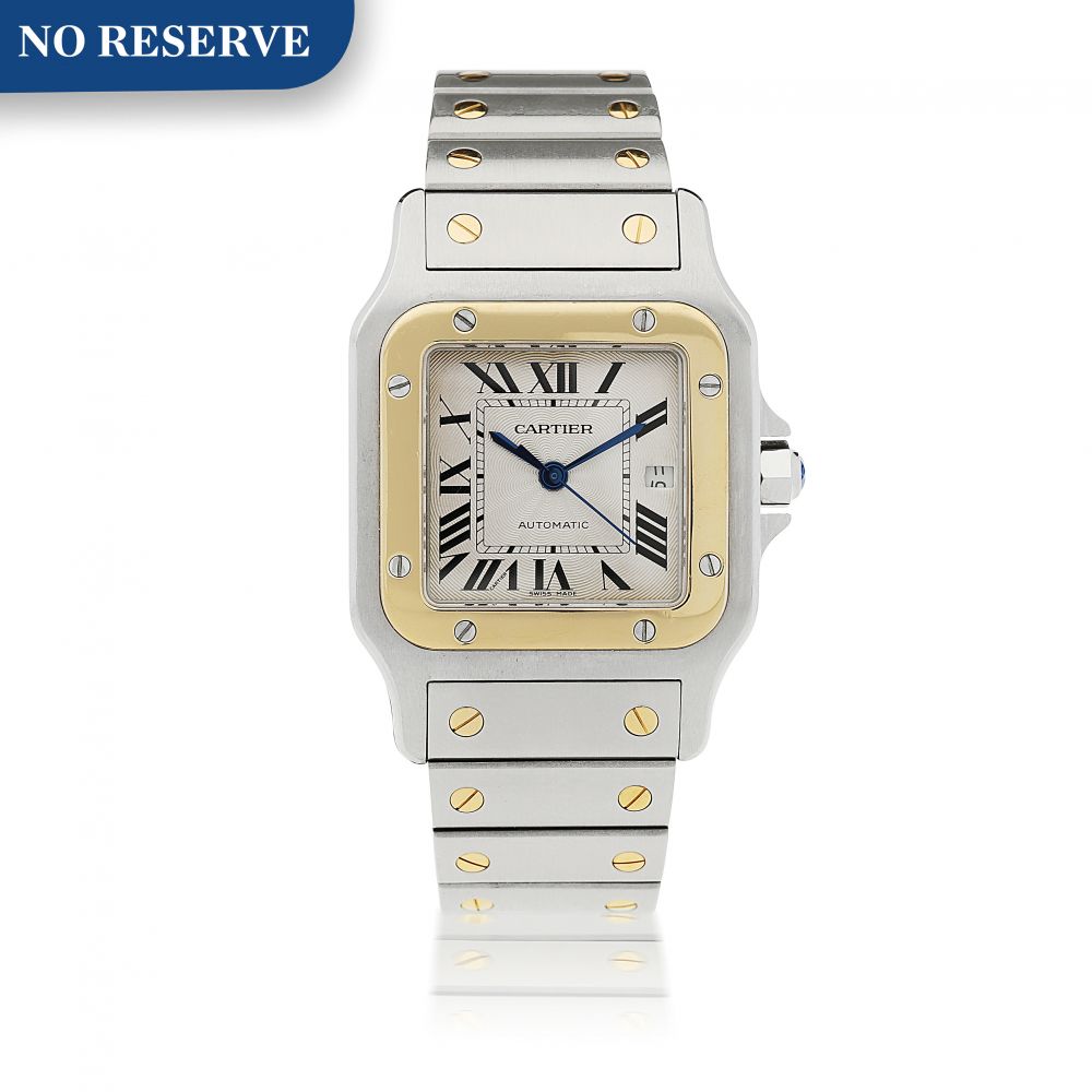 CARTIER | REFERENCE 2319 SANTOS A STAINLESS STEEL AND YELLOW GOLD SQUARE SHAPED WRISTWATCH WITH DATE AND BRACELET, CIRCA 2000