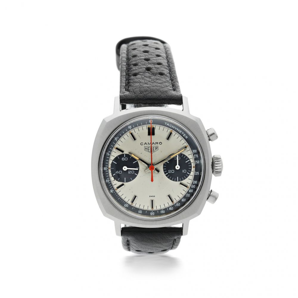 HEUER | CAMARO A STAINLESS STEEL CUSHION SHAPED CHRONOGRAPH WRISTWATCH, CIRCA 1970