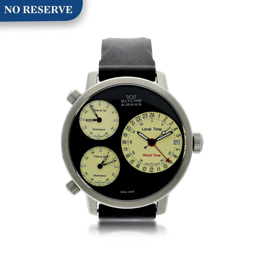 GLYCINE | REFERENCE 3829 AIRMAN A STAINLESS STEEL AUTOMATIC WRISTWATCH WITH QUADRUPLE TIME ZONE AND DATE, CIRCA 2003
