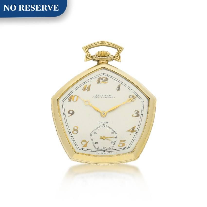 GRUEN | FIFTIETH ANNIVERSARY: A YELLOW GOLD PENTAGON SHAPED OPEN FACED WATCH, CIRCA 1940