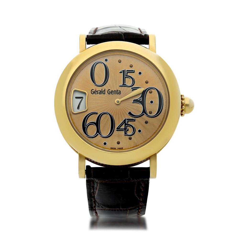 GÉRALD GENTA | REFERENCE 3634 A YELLOW GOLD AUTOMATIC JUMP HOUR WRISTWATCH WITH RETROGRADE MINUTES, CIRCA 2005
