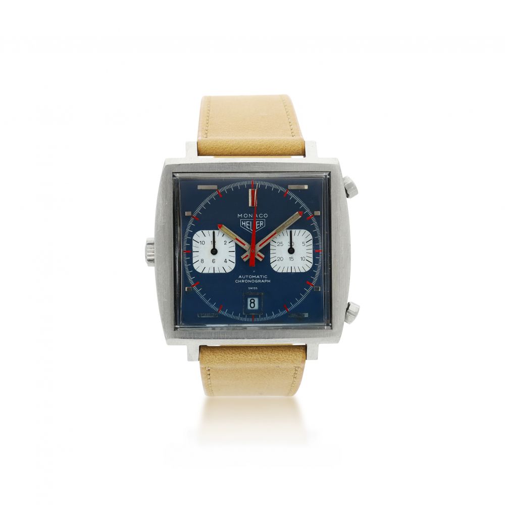 HEUER | REFERENCE 1133 MONACO A STAINLESS STEEL RECTANGULAR CHRONOGRAPH WRISTWATCH WITH DATE, CIRCA 1970