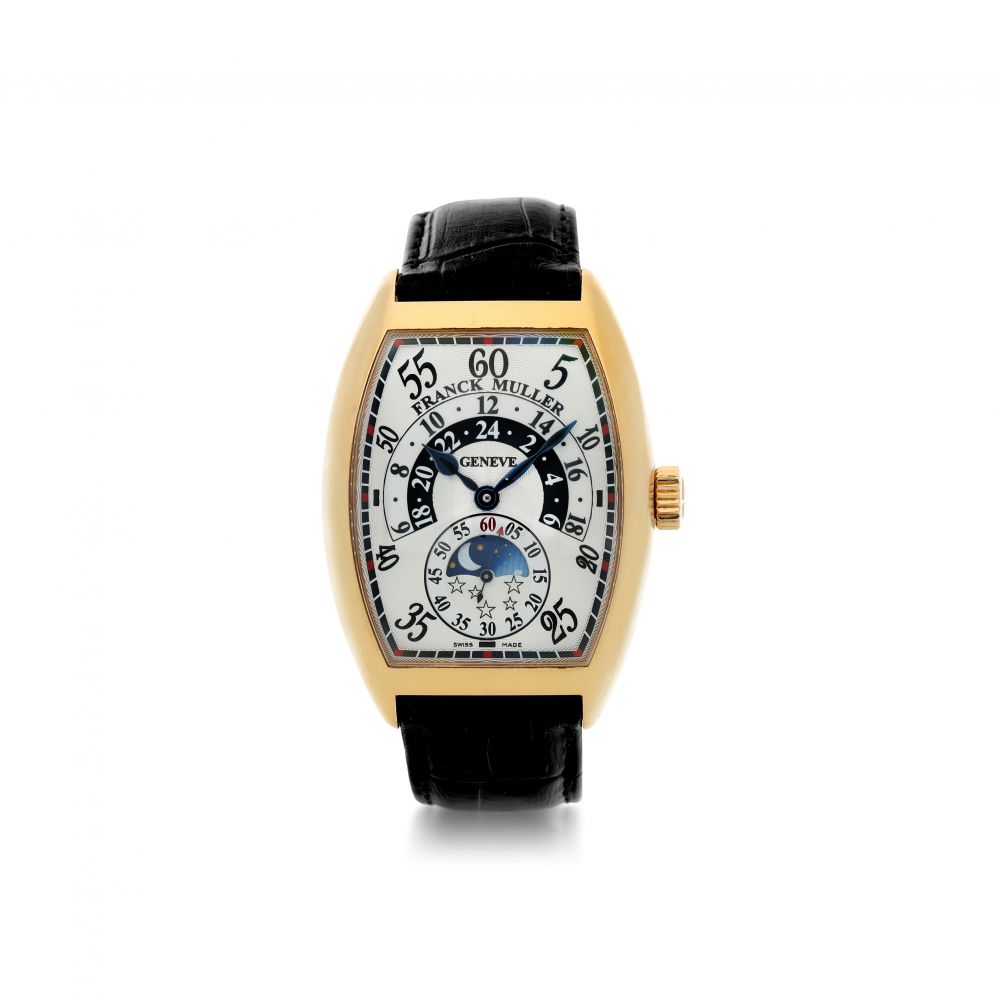 FRANCK MULLER | REFERENCE 7880 HRJN, A PINK GOLD AUTOMATIC TONNEAU SHAPED WRISTWATCH WITH RETROGRADE HOURS AND MOON PHASES, CIRCA 2012