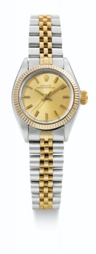 Rolex.A LADY'S STAINLESS STEEL AND YELLOW GOLD AUTOMATIC WRISTWATCH WITH BRACELET REF 6719 CASE 7473703 CIRCA 1982