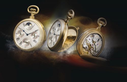 Patek Philippe.AN EXCEPTIONAL RARE YELLOW GOLD OPEN-FACED MINUTE REPEATING INSTANTANEOUS PERPETUAL CALENDAR KEYLESS CHRONOMETER WATCH WITH MOON-PHASES, 24-HOUR INDICATION AND EARNSHAW-TYPE SPRING DETENT ESCAPEMENT REF 961 MVT 866797 CASE 2837630 MADE IN 1