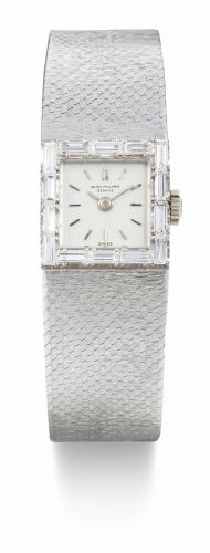 Patek Philippe.A LADY'S WHITE GOLD AND DIAMOND-SET SQUARE BRACELET WATCH REF 3313/2 MVT 997071 CASE 2666558 MADE IN 1969