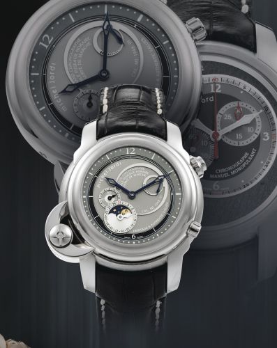 Michel Jordi.A RARE LIMITED EDITION SWIVELLING WHITE GOLD SINGLE BUTTON CHRONOGRAPH WRISTWATCH WITH MOON-PHASES AND POWER RESERVE INDICATION NO 47/99 HERITAGE TRADITION CIRCA 2005