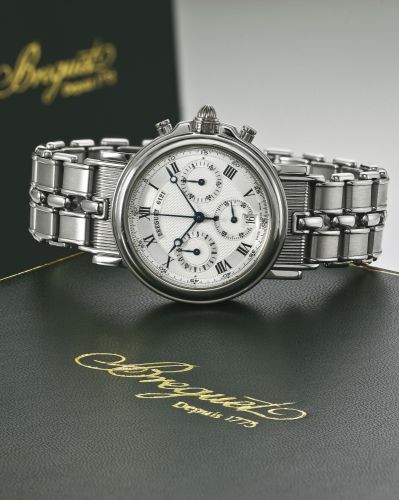 Breguet.A PLATINUM AUTOMATIC CHRONOGRAPH WRISTWATCH WITH DATE AND BRACELET REF 3460 NO 6121 HORLOGER DE LA MARINE CRICA 1995