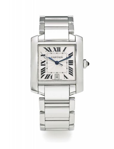 Cartier.A FINE WHITE GOLD SQUARE AUTOMATIC CENTRE SECONDS WRISTWATCH WITH DATE AND BRACELET REF 2366 CASE 433405CD TANK FRANCAISE CIRCA 2000