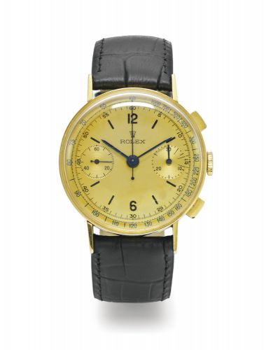 Rolex.A PINK GOLD CHRONOGRAPH WRISTWATCH WITH TACHOMETER AND REGISTERS REF 3371 CASE 55351 CIRCA 1935