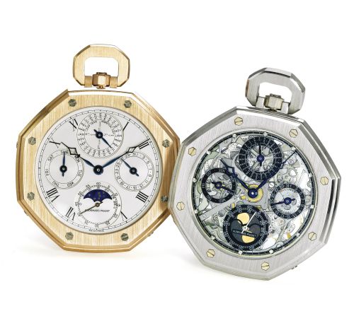 Audemars Piguet.AN 18K PINK GOLD PERPETUAL CALENDAR KEYLESS WATCH TOGETHER WITH A PLATINUM SKELETONISED PERPETUAL CALENDAR KEYLESS WATCH MADE IN 1992 MVTS 263883 AND 275644 CASES D 22036 AND D 22056 NO 5 ROYAL OAK