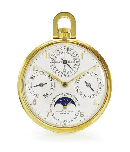 Patek Philippe.A FINE AND RARE YELLOW GOLD OPEN-FACED KEYLESS PERPETUAL CALENDAR WATCH WITH MOON PHASES REF 725 MVT 930965 CASE 657902 MADE IN 1949