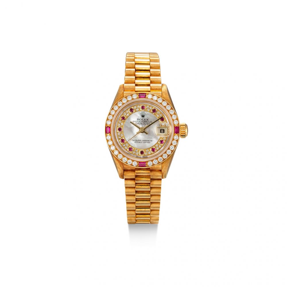 ROLEX | DATEJUST, REFERENCE 69068, A YELLOW GOLD, DIAMOND AND RUBY-SET WRISTWATCH WITH DATE, BRACELET AND MOTHER-OF-PEARL DIAL, CIRCA 1996
